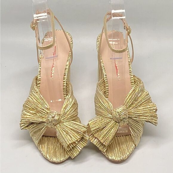 Loeffler Randall Camellia Gold Pleated Bow Heel Sandals size 6.5 - Picture 3 of 12